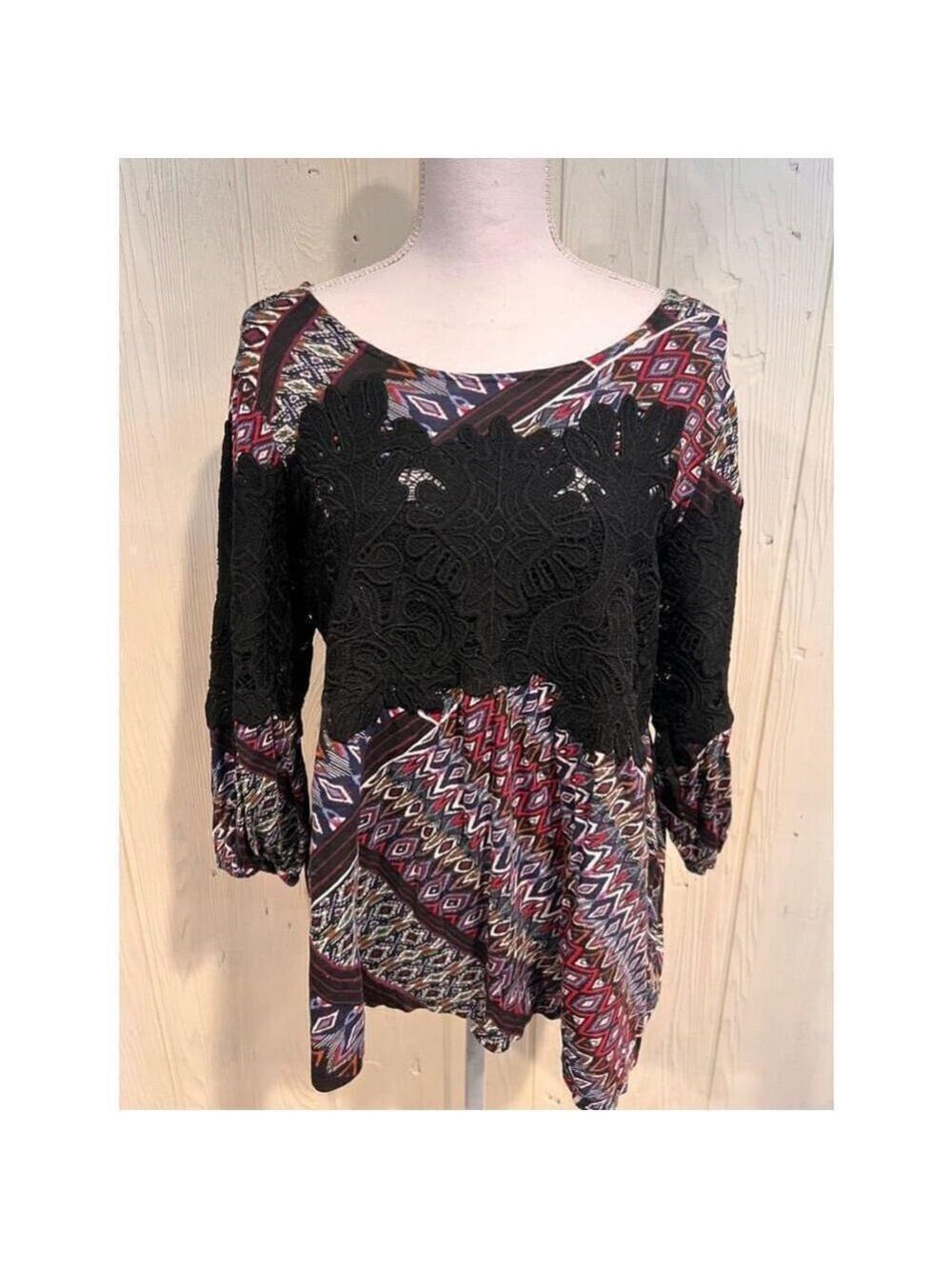 Vintage America Blues Black Lace Sleeve Blouse Large